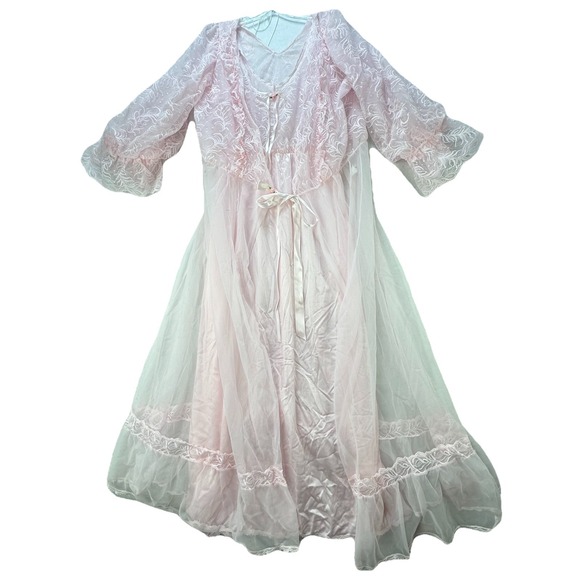 Tosca Other - Vintage Tosca Long 2 Pc Nightgown Peignoir Robe Set‎ Small Nylon Pink Lace